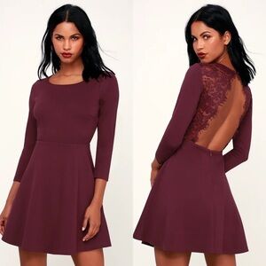 Lulu’s • Felicity Plum‎ Purple Backless Lace Skater Mini Dress, Size Small
